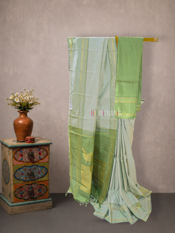 Pastel Green Pure Zari Kanjivaram Silk Saree with Peacock Motifs | Mitranis