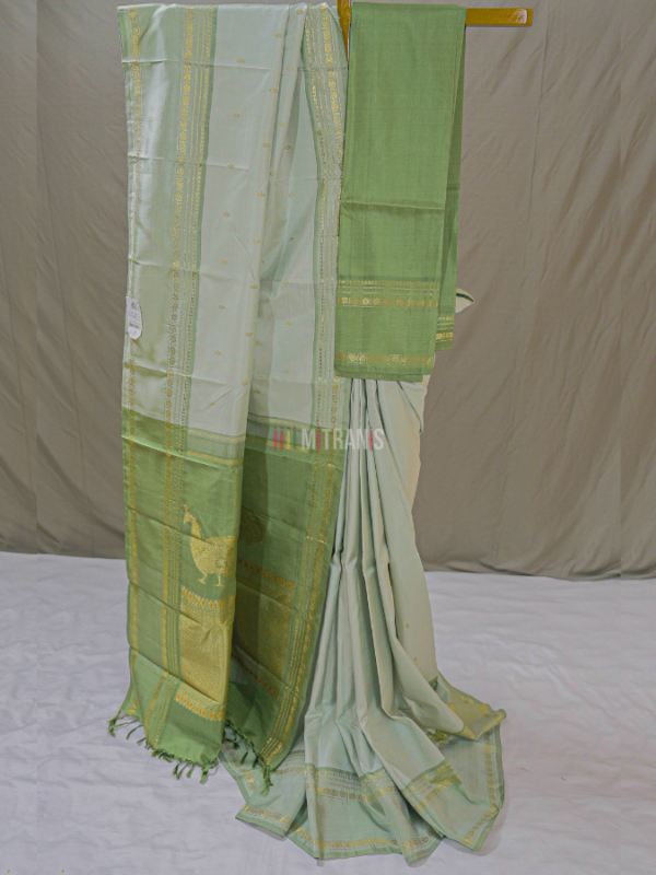 Pastel Green Pure Zari Kanjivaram Silk Saree with Peacock Motifs | Mitranis