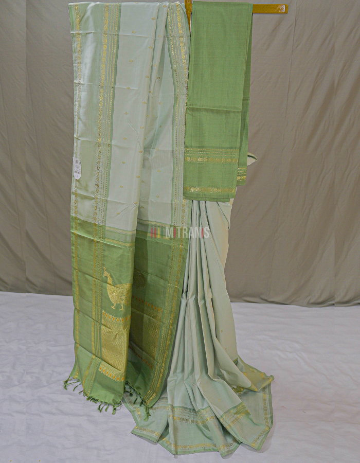 Pastel Green Pure Zari Kanjivaram Silk Saree with Peacock Motifs | Mitranis