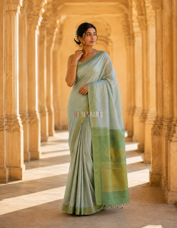 Pastel Green Pure Zari Kanjivaram Silk Saree with Peacock Motifs - Image 5
