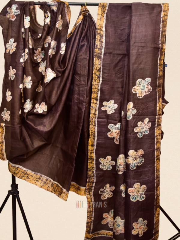 Hand Batik on Tussar Silk Saree Dark Brown | Mitranis