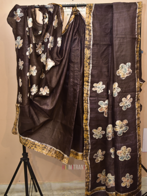 Hand Batik on Tussar Silk Saree Dark Brown | Mitranis