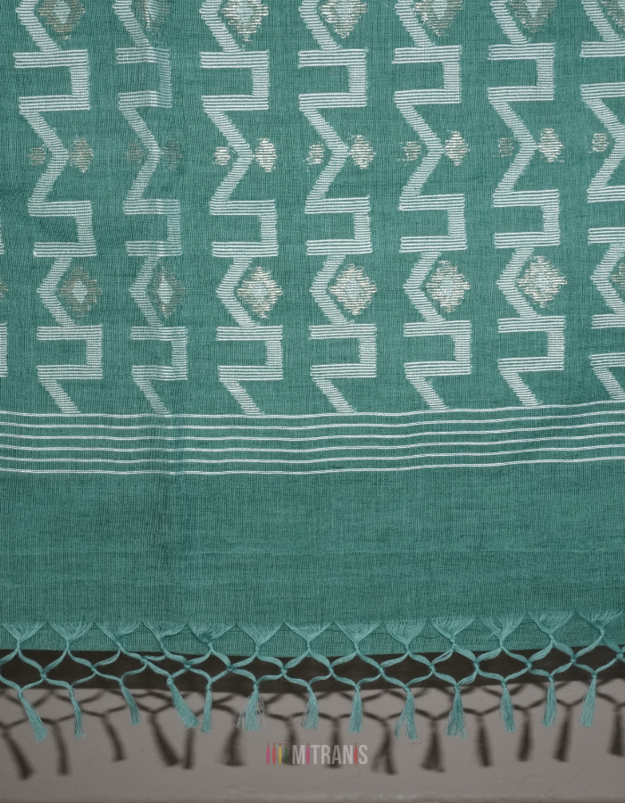 Cotton By Cotton Needle Saree Greenish Jamdani