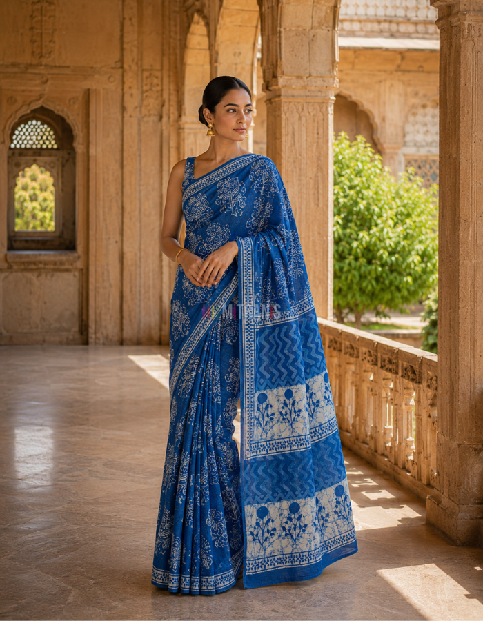 Indigo Floral Cotton Dabu Print Saree | Dabu print sarees | Mitranis
