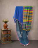 Blue Bhujodi Tussar Cotton Saree with Plain Body | Mitranis