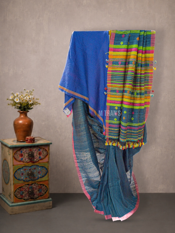 Blue Bhujodi Tussar Cotton Saree with Plain Body | Mitranis