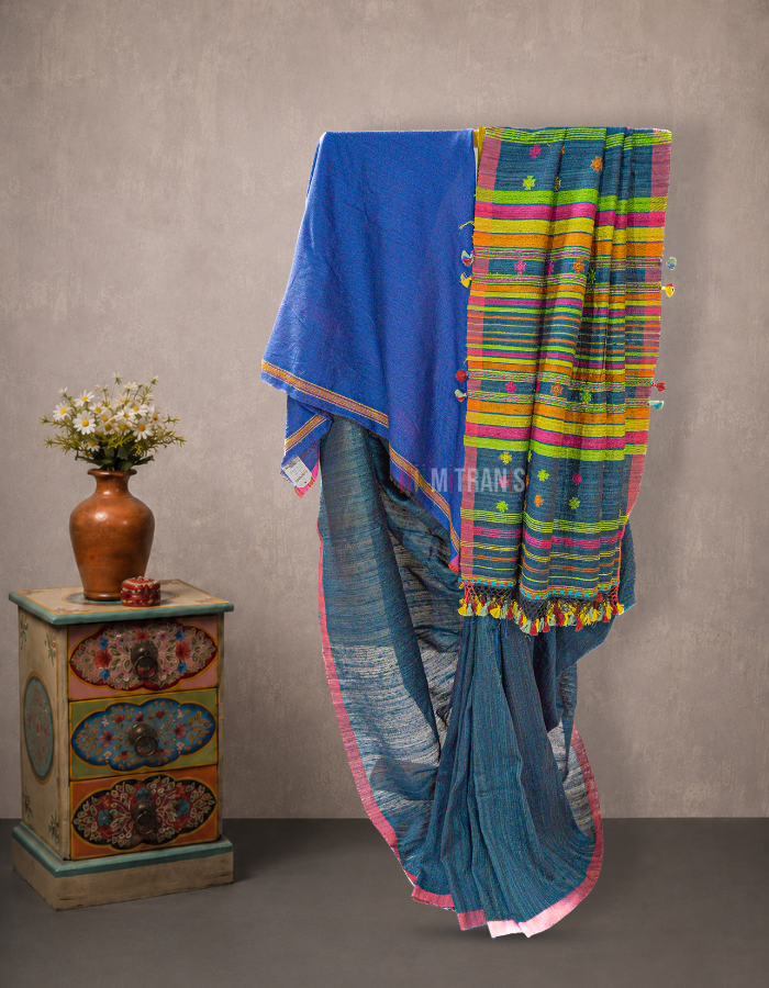 Blue Bhujodi Tussar Cotton Saree with Plain Body | Mitranis