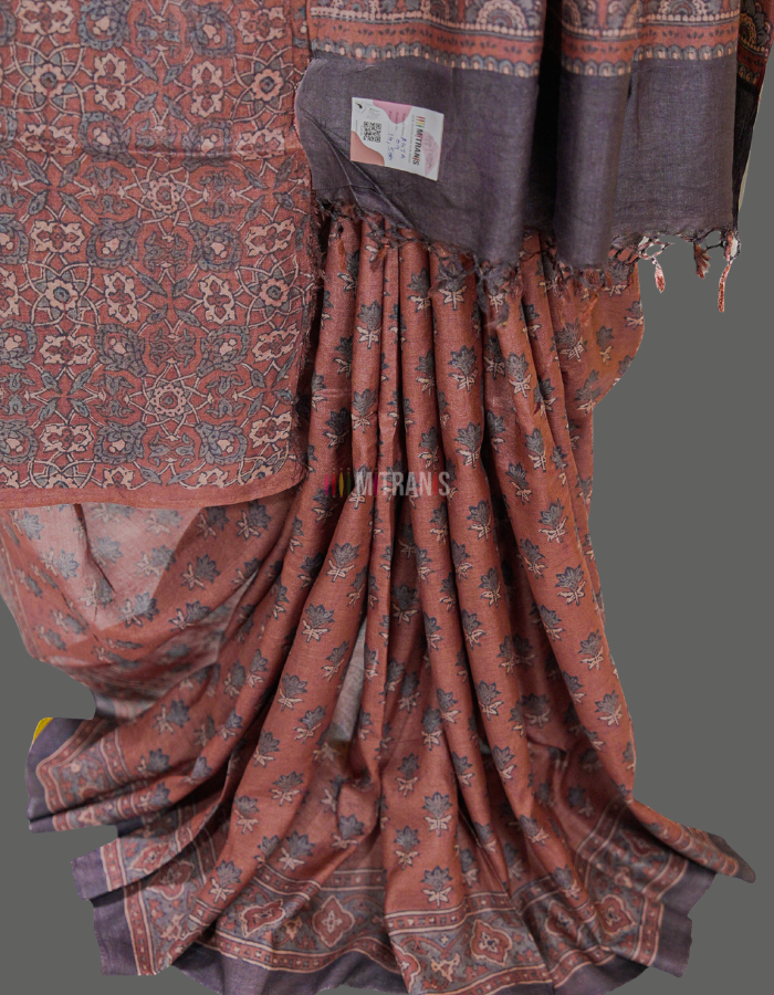 Buy Ajrakh Printed Tussar Silk Saree | Mitranis