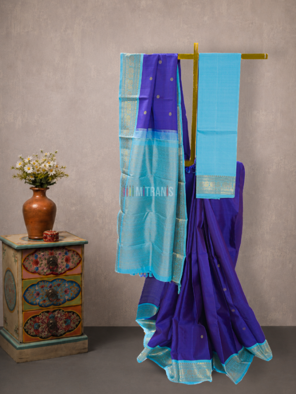 Bluish Purple and Firoze Pure Zari Kanjivaram Silk Saree with Annapakshi Motifs | Mitranis
