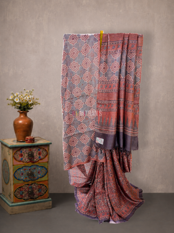 Maroon Ajrakh Tussar Saree with Jaal Block Print | Mitranis