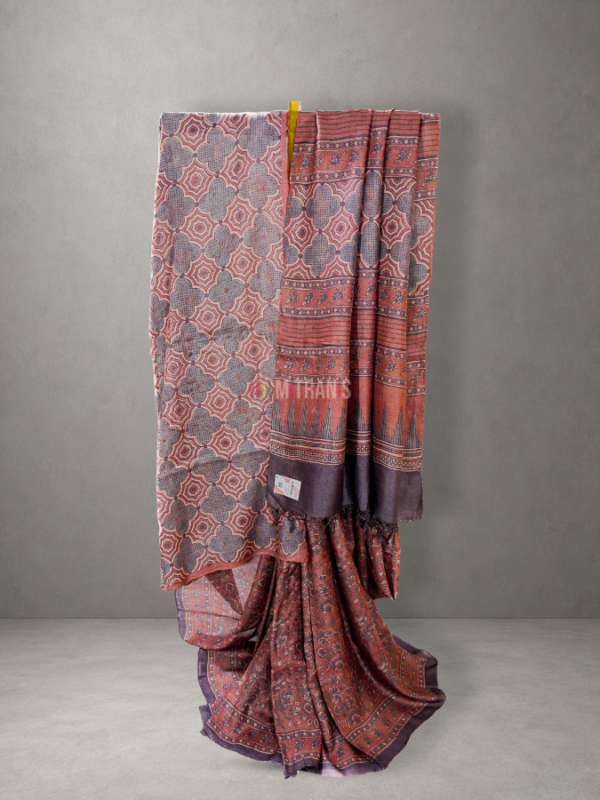 Buy Ajrakh Printed Tussar Silk Saree | Mitranis