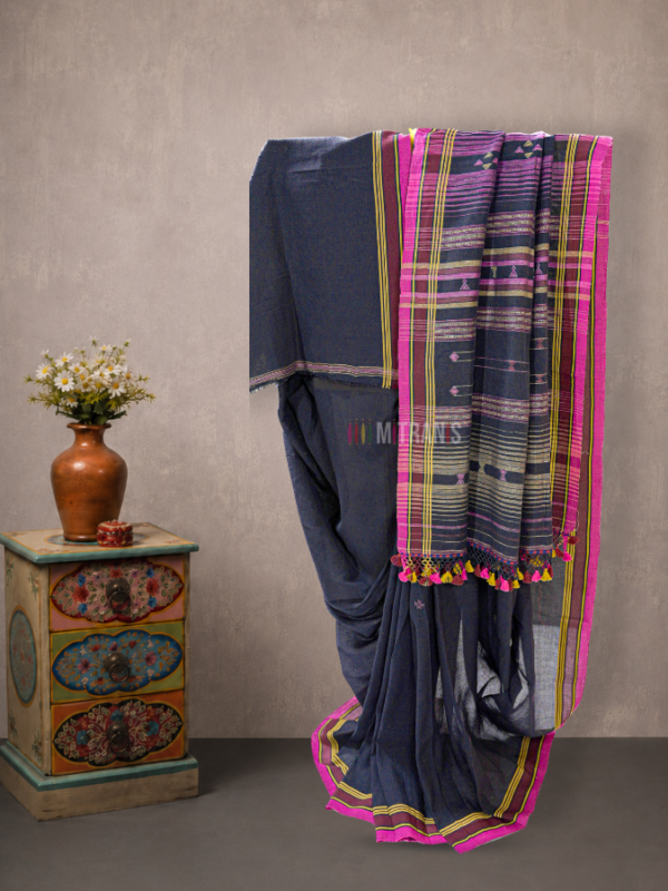 Black Linen Bhujodi Saree with Traditional Anchal | Mitranis
