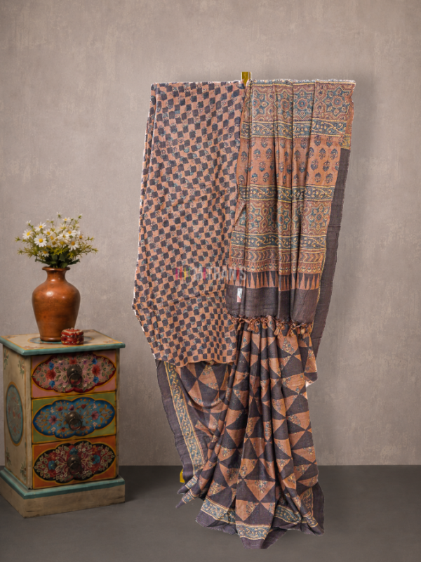 Brick Red Ajrakh Tussar Saree with Geometric Floral Motifs | Mitranis
