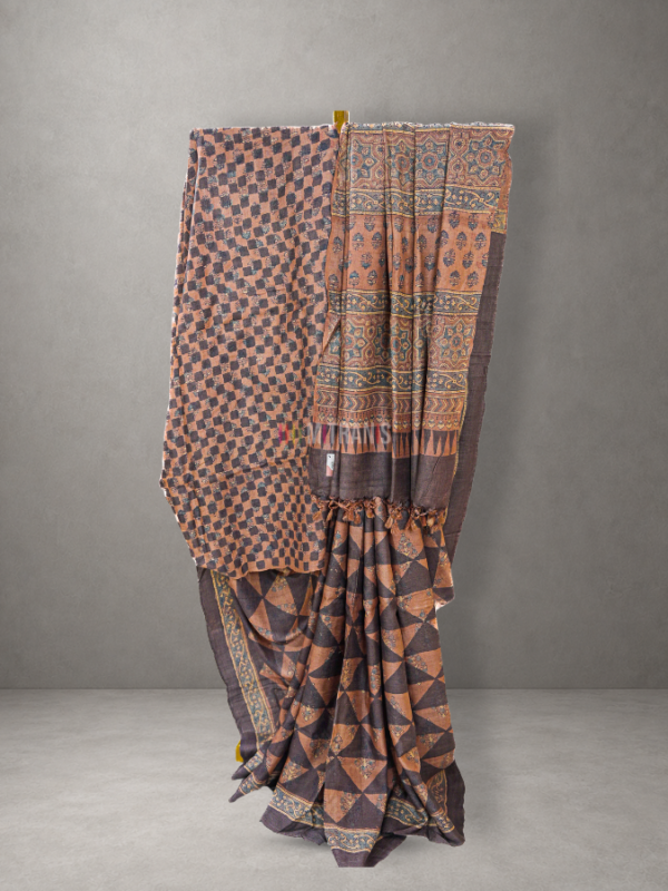 Buy Ajrakh Printed Tussar Silk Saree | Mitranis