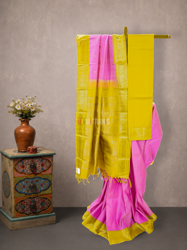 3 Gram Gold Plated Pink Pure Zari Kanjivaram Silk Saree with Mustard Korvai Border | Mitranis