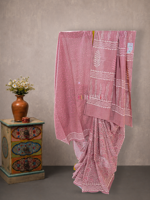 Brown Pink Floral Cotton Dabu Print Saree | Mitranis