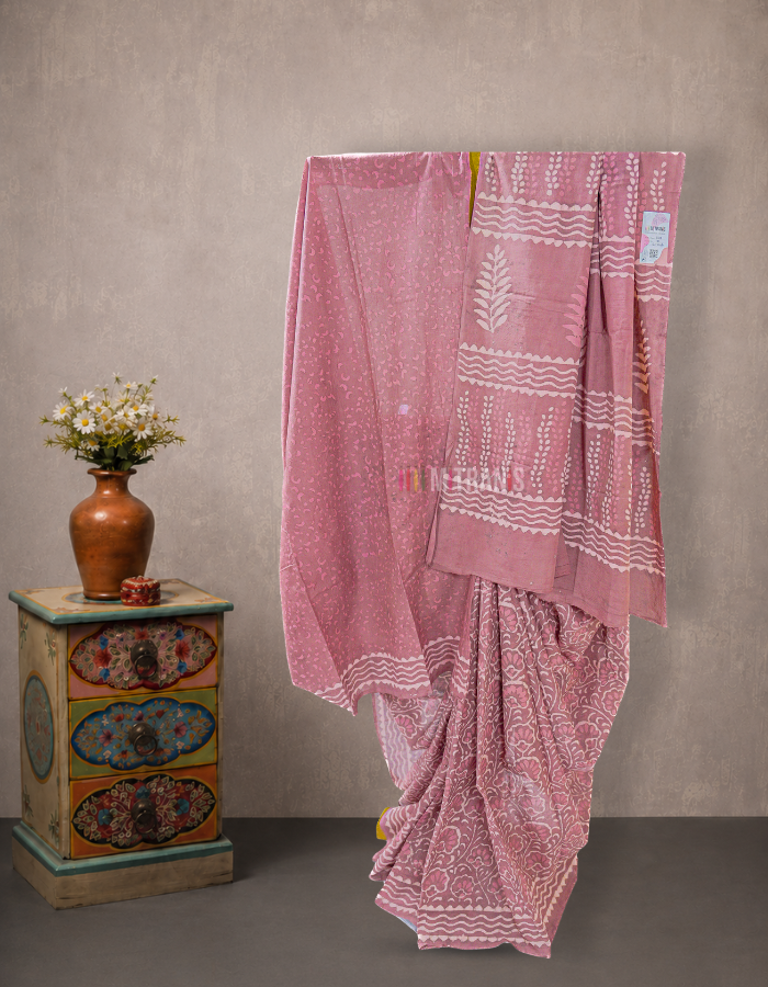 Brown Pink Floral Cotton Dabu Print Saree | Mitranis
