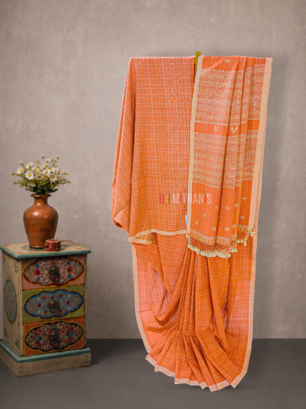 Tussar Checked Bhujodi Fine Cotton Saree with Brocade Blouse Piece | Mitranis