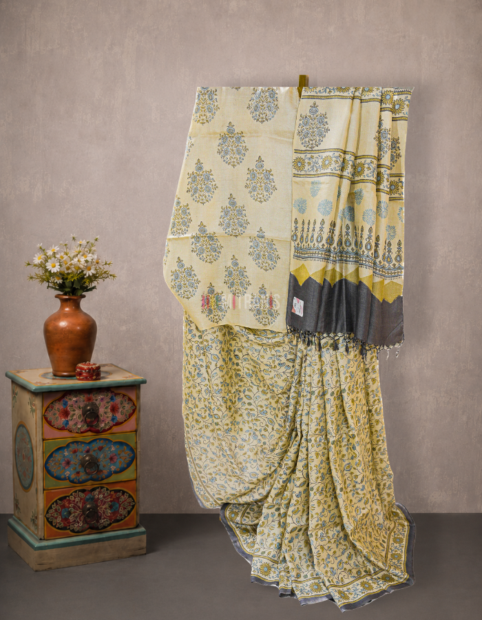 Cream Ajrakh Tussar Saree with Floral Block Print | Mitranis