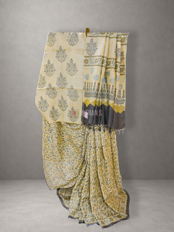 Buy Ajrakh Printed Tussar Silk Saree | Mitranis