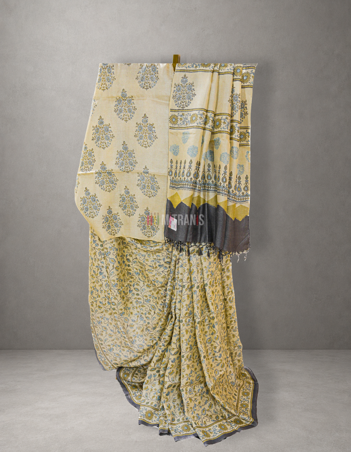 Buy Ajrakh Printed Tussar Silk Saree | Mitranis