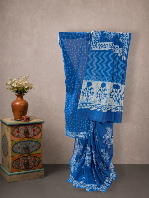 Indigo Floral Cotton Dabu Print Saree | Mitranis