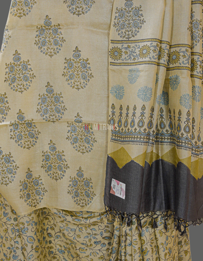 Buy Ajrakh Printed Tussar Silk Saree | Mitranis