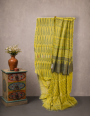 Yellow Green Ajrakh Tussar Saree with Jaal Block Print | Mitranis