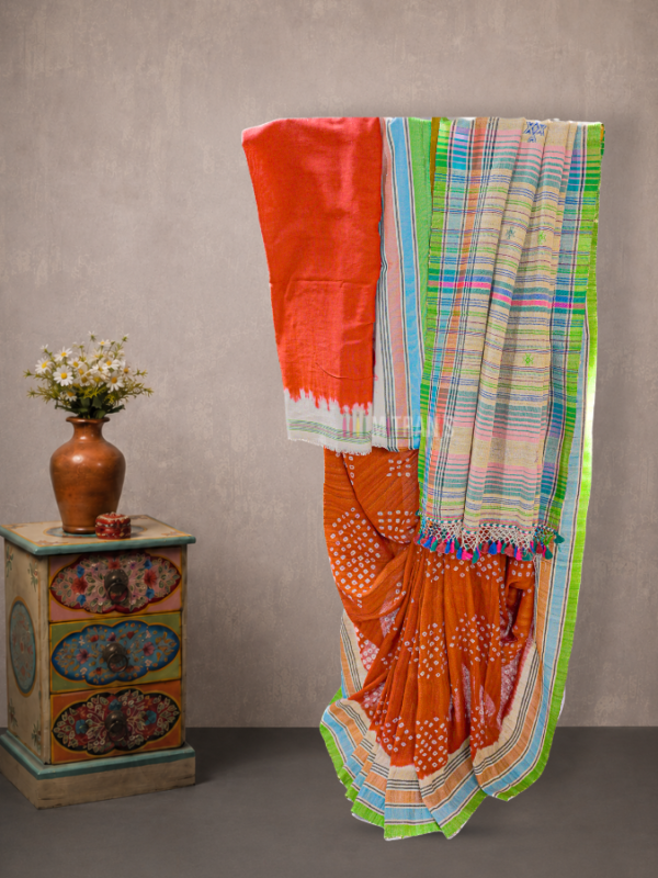Red Bandhani Bhujodi Tussar Cotton Saree with Traditional Anchal | Mitranis