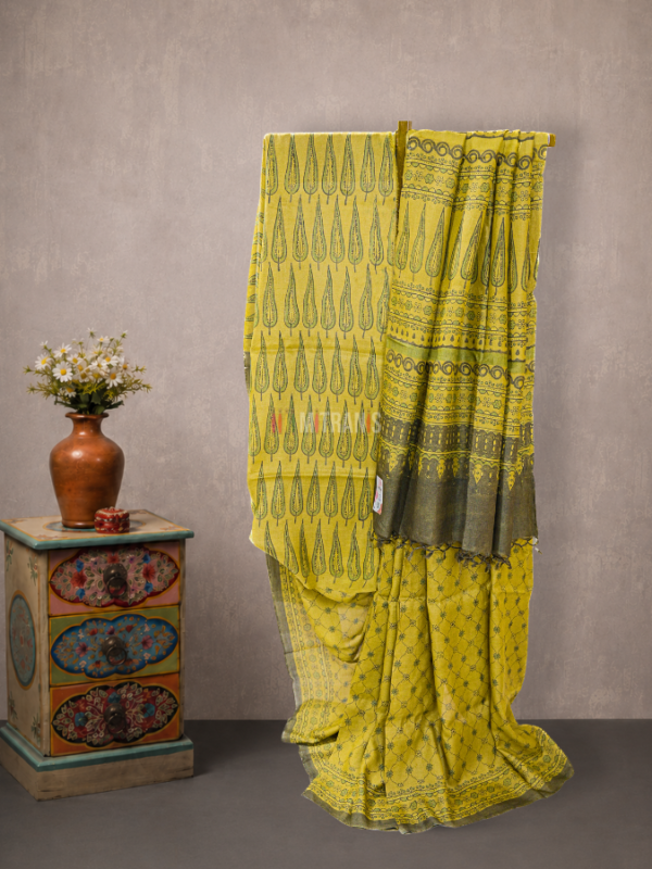 Yellow Green Ajrakh Tussar Saree with Jaal Block Print | Mitranis