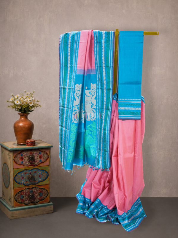 Pink Zero Zari Kanchivaram Silk Saree with Ferozi Korvai Border | Mitranis