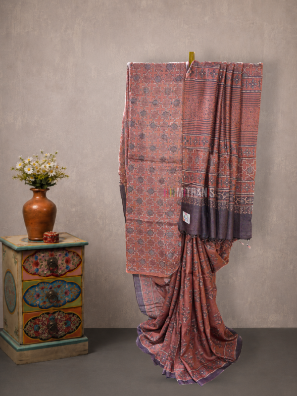 Maroon Ajrakh Tussar Saree with Allover Floral Print | Mitranis