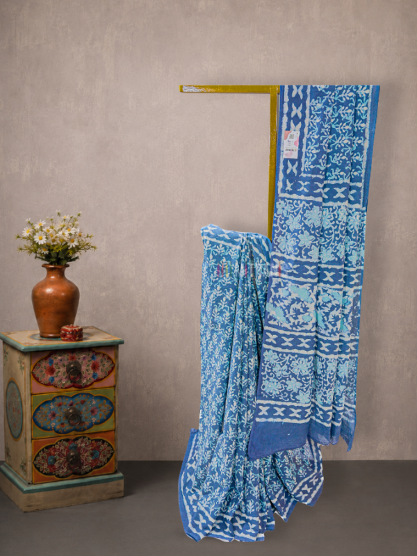 Indigo Small Floral Cotton Dabu Print Saree | Mitranis