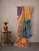 Yellow Orange Dual Tone Checked Kanjivaram Silk Saree with Purple Border