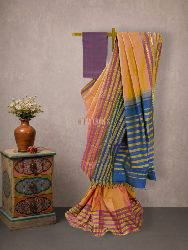Yellow Orange Dual Tone Checked Kanjivaram Silk Saree with Purple Border