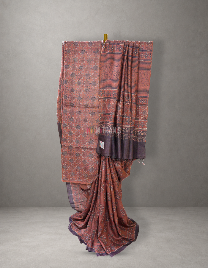 Buy Ajrakh Printed Tussar Silk Saree | Mitranis