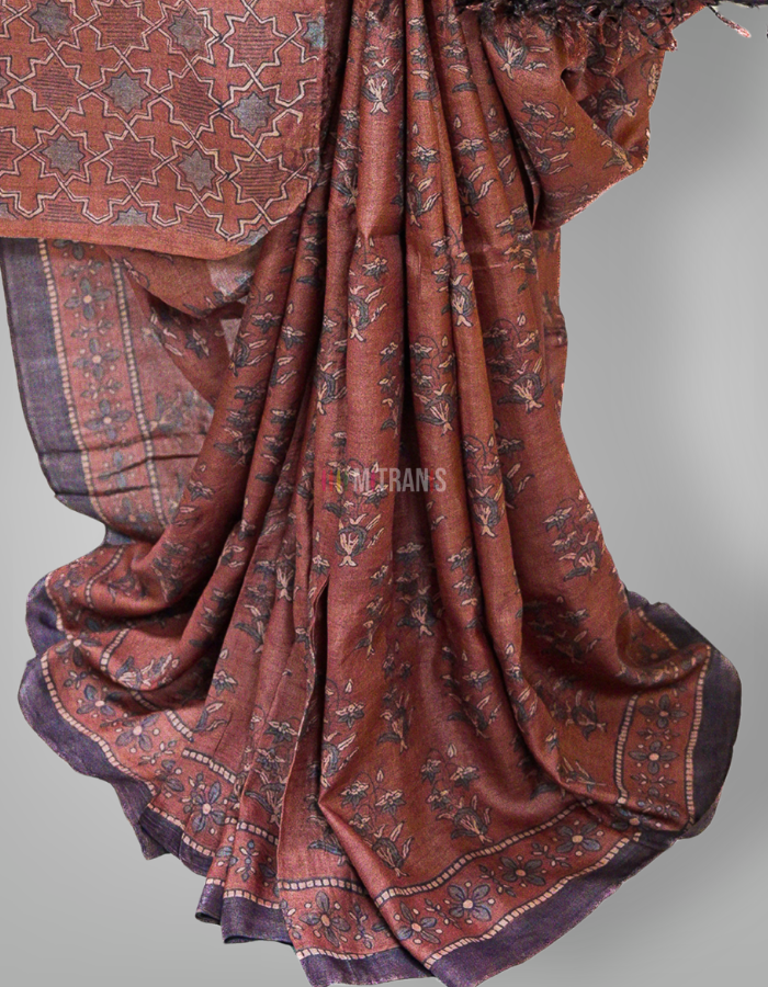 Buy Ajrakh Printed Tussar Silk Saree | Mitranis
