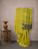 Yellow Green Ajrakh Tussar Saree with Floral Motifs | Mitranis