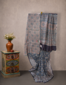 Indigo Ajrakh Tussar Saree with Diamond Block Print | Mitranis