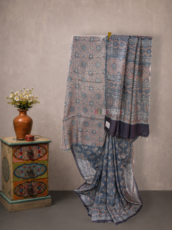 Indigo Ajrakh Tussar Saree with Diamond Block Print | Mitranis