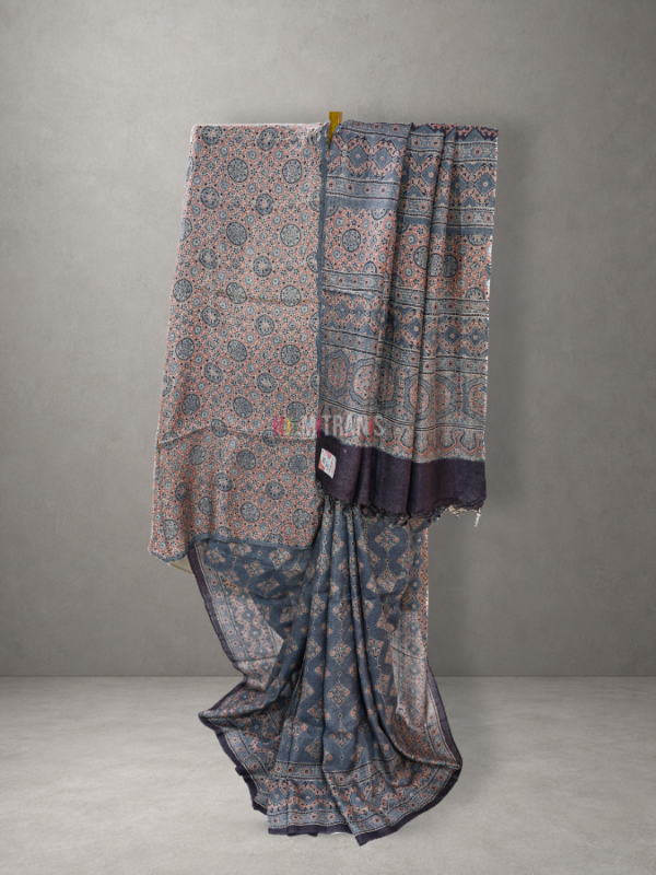 Buy Ajrakh Printed Tussar Silk Saree | Mitranis