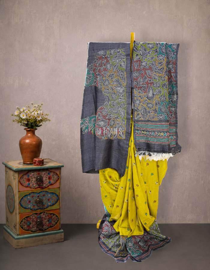 Yellow Tussar Kantha Saree with Black Embroidered Border