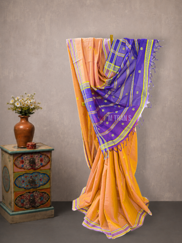 Brick Red Yellow Udupi Cotton Saree with Floral Butis | Mitranis