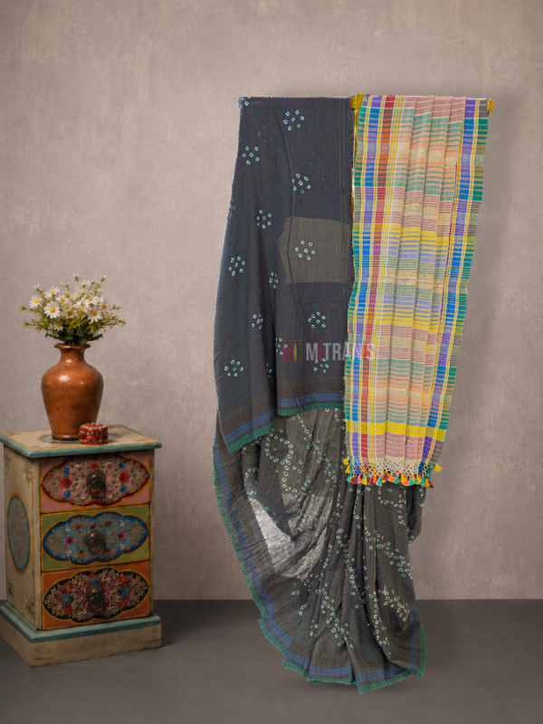 Bandhani Bhujodi Tussar Cotton Saree with Traditional Anchal | Mitranis