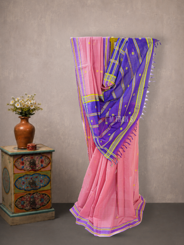 Onion Pink Udupi Cotton Saree with Yellow Floral Butis | Mitranis