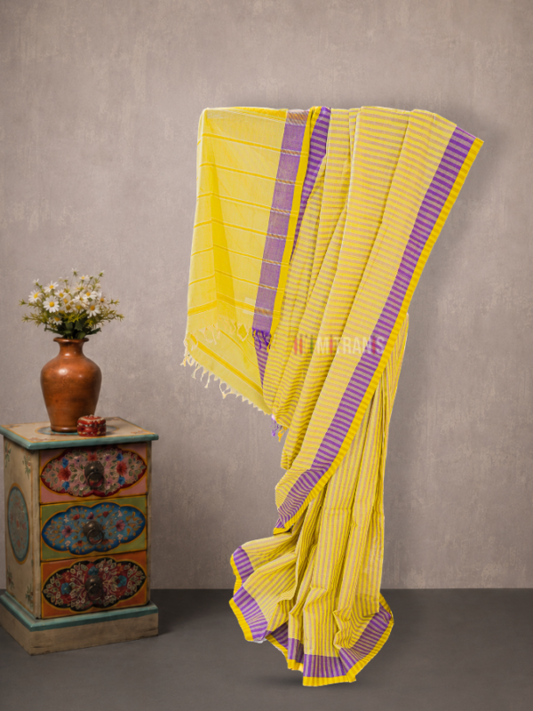 Yellow Purple Striped Udupi Cotton Saree | Mitranis