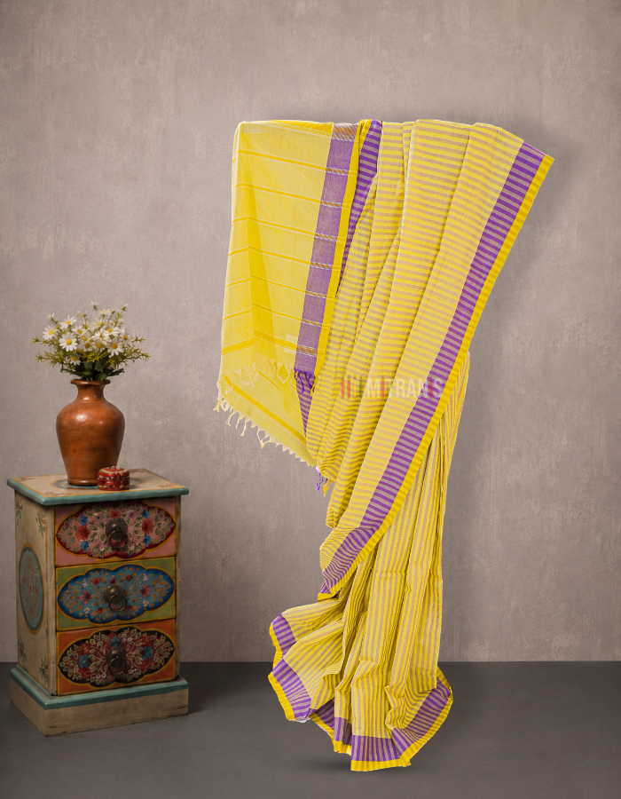 Yellow Purple Striped Udupi Cotton Saree | Mitranis