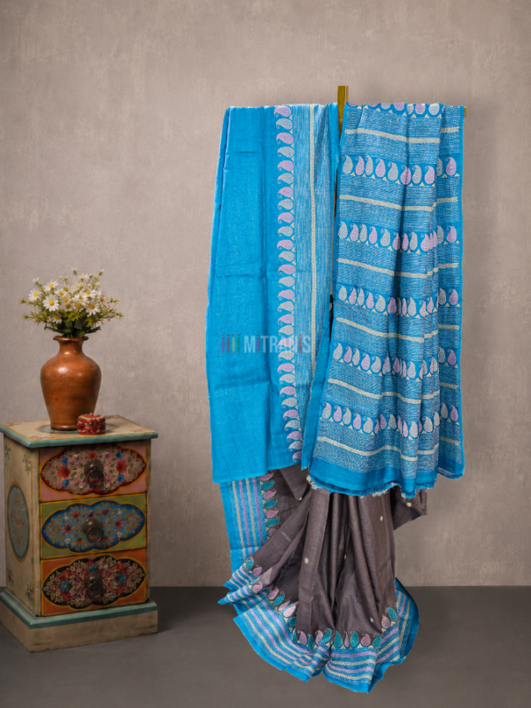 Dark Slate Grey Tussar Kantha Saree with Blue Border