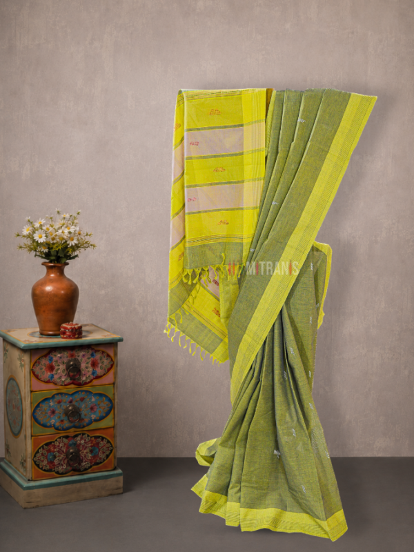 Green Blue Dual Tone Udupi Cotton Saree with White Butis | Mitranis