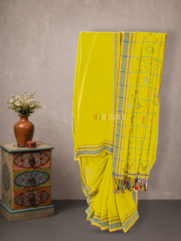 Ochre Yellow Bhujodi Kala Cotton Saree with Evil Eye Motifs